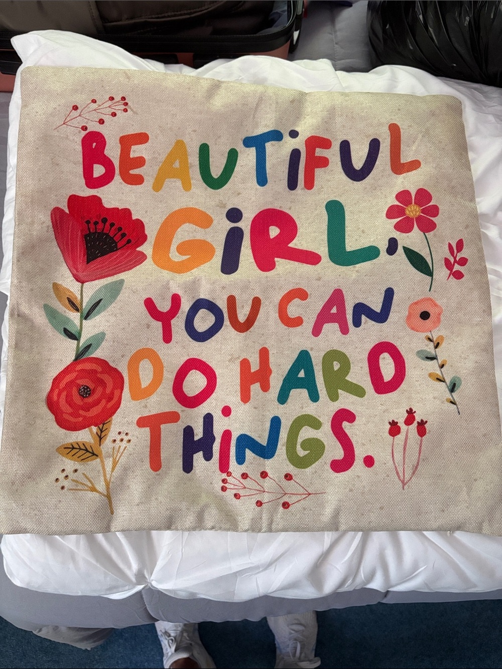 Inspirational Colorful Canvas Tote Pillow Cover - "Beautiful Girl"